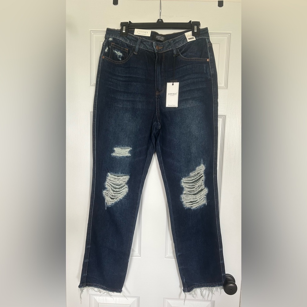JUDY BLUE Dark Blue Distressed Straight Jeans